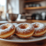 Freshly made Granny’s Donuts Recipe served on a plate, golden brown, fluffy, and dusted with powdered sugar, captured in a cozy homemade setting.