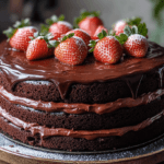 A freshly baked chocolate cake topped with chocolate ganache and strawberries, perfect final result for a decadent chocolate cake recipe.