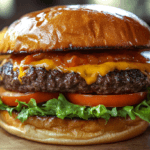 A freshly prepared Chilis Smash Burger with a crispy beef patty, melted cheese, brioche bun, and fresh toppings on a wooden table.