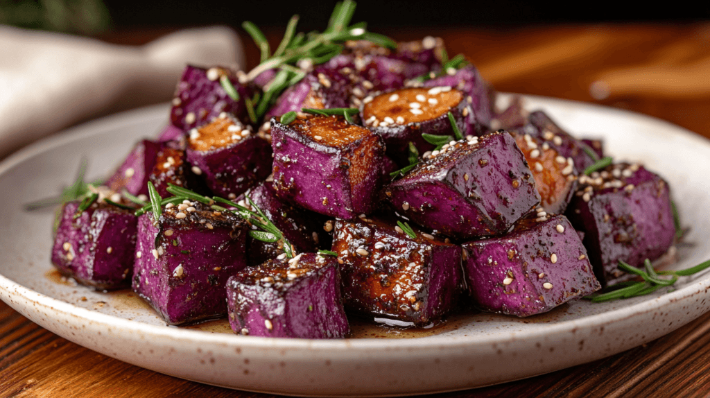 Delicious roasted purple sweet potatoes garnished with rosemary and sesame seeds, served on a rustic wooden table.
