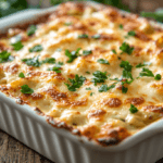 Golden and creamy artichoke and spinach casserole with pasta in a white ceramic dish, garnished with parsley on a rustic wooden table.