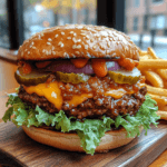 A freshly prepared Big Smasher Burger Chili's with melted cheese, fresh toppings, and a toasted brioche bun served on a wooden board.