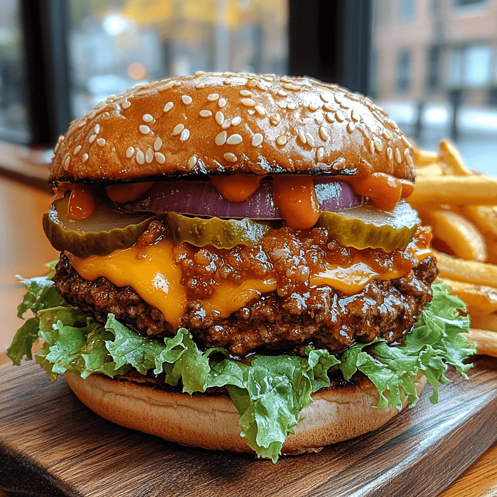A freshly prepared Big Smasher Burger Chili's with melted cheese, fresh toppings, and a toasted brioche bun served on a wooden board.